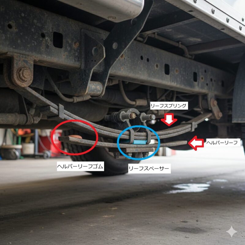 ハイエースのリーフスプリング構造とヘルパーリーフゴムの解説画像