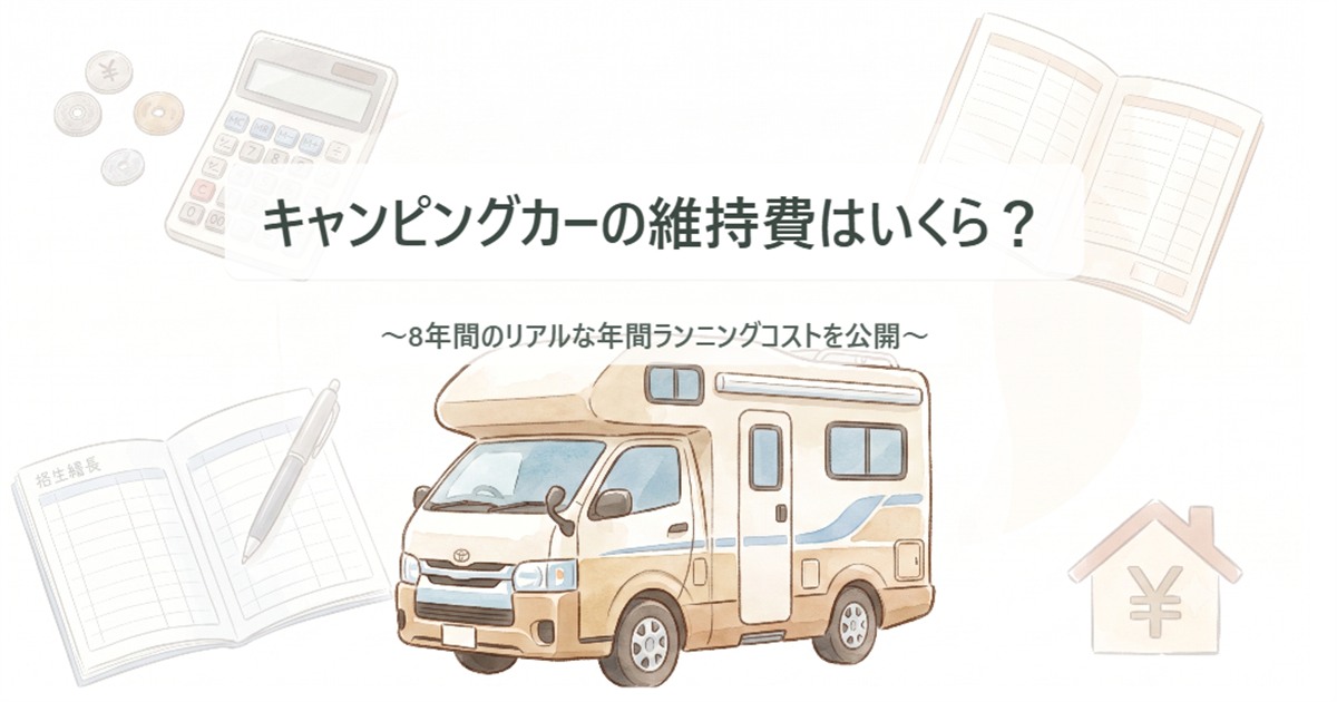 キャンピングカーと家計簿、電卓、硬貨を描いた維持費記事のアイキャッチ画像